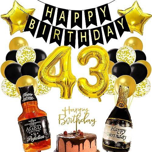 Conruich Geburtstagsdeko 43 Jahre Mann Frau, Luftballon 43. Geburtstag Deko Mann, Folienballon Zahl 43 Gold, Helium Ballon Whiskey Bierglas für 43. Geburtstag Manner Party Dekoration
