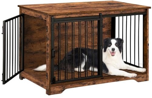Hzuaneri Hundekäfig Möbel, 100cm hundebox für zuhause, Schiebetüren, 2 Tür, Moderne hundebox Holz Indoor für kleine/mittlere/große Hunde, Hundekäfig für Zuhause, 60 x 100 x 68 cm, Vintagebraun