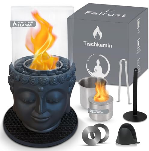 FAIRUST Tischkamin | Buddha Figur Bioethanol Tischkamin für Indoor und Outdoor aus hochwertigem robusten Betonzement Design | Tischfeuer Ethanol Kamin Gartenkamin mit unendlicher Brenndauer