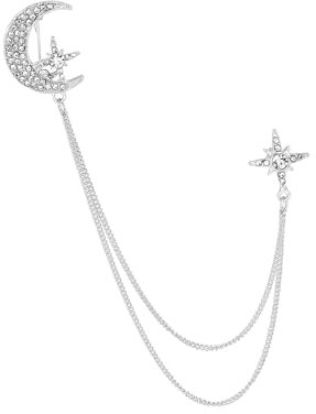 Dickly Kette Mond und Stern Strass Quaste Brosche Anzug Kragen Brosche Anstecknadel Abzeichen für Ornament Feier Hemd Krawatte Hut Schal, Silber