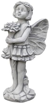 gartendekoparadies.de Bezaubernde Elfe mit Blume, Steinfigur, H. 50 cm, 10 kg, Grau, frostsicher aus Steinguss für Außenbereich