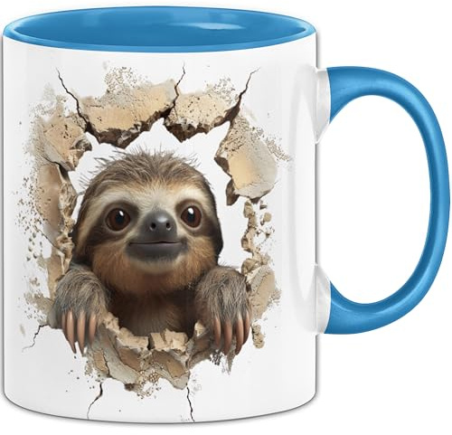 Trendation - 3D Faultier Tasse Geschenk Kaffee-Becher Faultier Loch Wand (Blau)