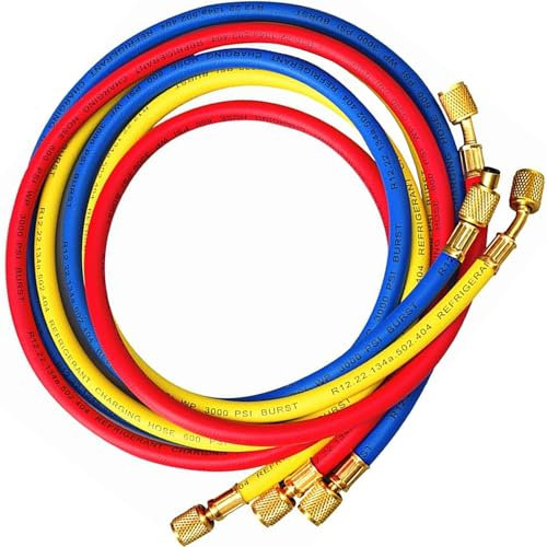 60inch/150cm Tuyau de charge de réfrigérant pour climatisation (600-3000Psi) pour R134a R12 R22 R502,Tube de tuyau de remplissage de fluorure AC 1/4 SAE Flare Thread(Tricolore)
