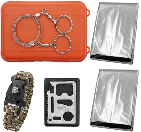 Wildes Notfall-Survival-Set – luftdichte Überlebensbox, mit Thermodecken, Survival-Armband, Pfeifen, Kompass, Stahldrahtsäge, 11-in-1-Karten-Multitool, für Camping, Outdoor-Reisen, Wandern