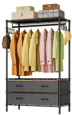 Solerconm Portant à vêtements en métal,Penderie avec tringle et étagères ajustables, 4 tiroirs de rangement, solide et pratique pour chambre ou salon, porte-vêtements élégant, noir 90x40x180cm