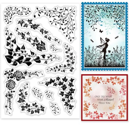 GLOBLELAND Transparente Stempel Mit Silhouetten von Weinreben Und Ecken, Pflanzen Und Blumensilhouette, Silikon Stempelsiegel Für DIY Scrapbooking