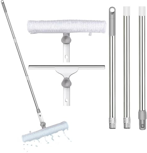 Escoba mágica profesional de mango largo de 140 cm con 3 partes de tobogán de agua, escobilla de ducha, escobilla de agua para ventana, ideal para lavar, secar, baño, habitación húmeda, piso (blanco)