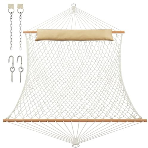 JoyView Traditional Rope Double Hammock - Hand Woven Cotton Hammock with Hardwood Spreader Bar and Pillow 450lb Capacity 2 Person Hammock for Outdoor Indoor Patio Yard - Natural