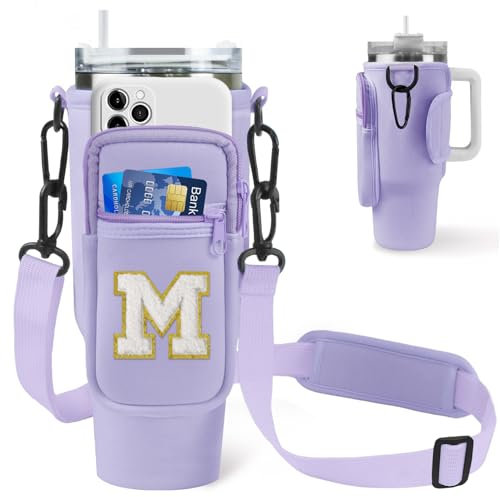 Aganmi Trendy Christmas Birthday Gifts for Women Teen Girls Water Bottle Holder with Strap for Stanley 40 Oz Tumbler Stanley Cup Accessories Letter Water Bottle Carrier Bag with Phone Pocket Purple M
