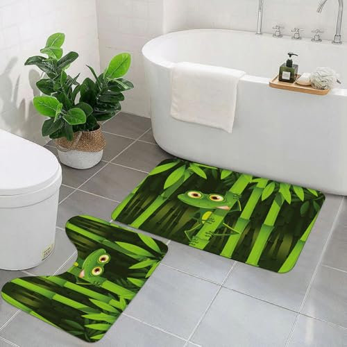EYLOZS Badezimmerteppich Set 2 Teilig Waschbar rutschfeste Badematte Toilettenmatte Weich Saugfähige Badteppiche,Illustration neugieriger Frosch auf dem Stiel des Bambus