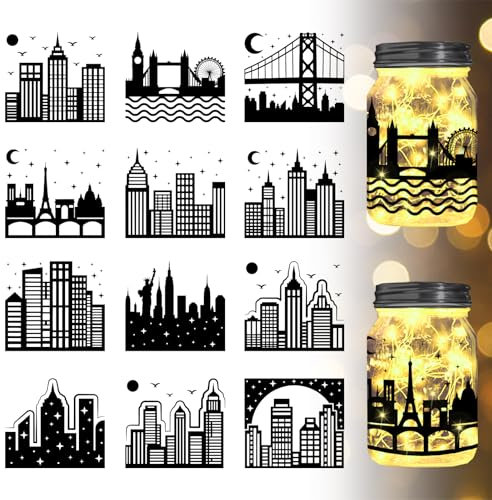 GLOBLELAND 12Pcs City Skyline Silhouette Jar Cutouts City Scenery Plastic Silhouette Wall Decals (Not Stickers) Lantern Jar Cutouts Window Lamp Decals Glass Decorations Art Mural Home Decor