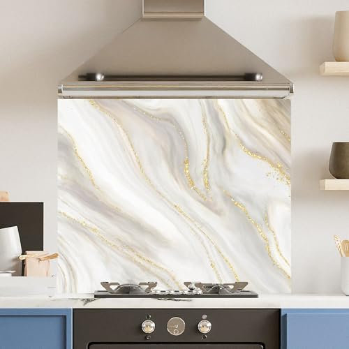 Toughened 6mm Glass Kitchen Splashback 90 x 75cm Elegant Gold Marble - Polished Heat Resistant Back Splash for Cookers Hob