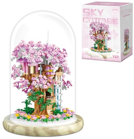 highdar Sakura Baumhaus Micro Mini Baustein Set, 1382 Klemmbausteine Blumen klemmbausteine Bausteine mit Staubdichte Kuppel Und Sockel,Geschenk für Mädchen ab 6 Jahren