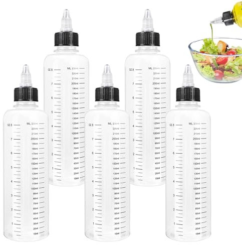 Squeeze Bottle, 5 Piezas 250ml Transparente Aceitera Plastico Biberon Cocina con Escala Graduada, Botella de Plástico con Tapa, Botella de Plástico Reutilizable, Para Salsa de Soja, Vinagre(Negro)