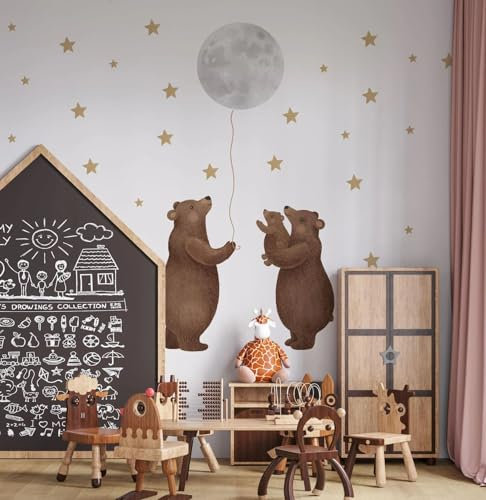 igibee Wandsticker Babyzimmer | Wandtattoo Kinderzimmer | Bär mit Mond-Ballon und Sternen | Wanddeko Babyzimmer für Jungen und Mädchen | Selbstklebende Wandaufkleber | Babyzimmer Deko