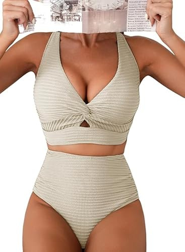 Hanaoops Women's Bikini Sets Textured Swimwear Push Up High Waisted Two Piece Swimsuits Sexy Twist Front Bikini Top Ruched Tummy Control Bottom Bathing Suits Summer Beach Wear Set