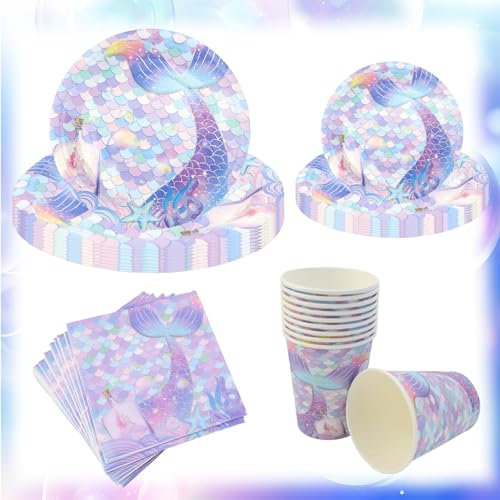 Decoración de cumpleaños de sirena, 60 unidades para 20 invitados, sirena, decoración de cumpleaños infantil, juego de vajilla con platos de papel, servilletas, vasos