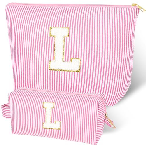 Trousse de Maquillage,2PCS Trousses de Maquillage Personnalisées pour Femme,Trousse de Maquillage de Voyage avec Initiale pour Maman,Petite Amie,FêTe des MèRes,Saint-Valentin,d'anniversaire (Rose L)