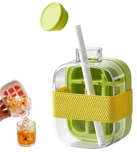 Ice Cube Bottle, Cubitera 2 en 1 Cubitera Botella de Agua con Tapa y Recipiente, Fácil de Presionar para Liberar el Hielo, Molde para Bebidas, Café y Jugo (Verde 500 ml)
