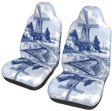 Vordersitzbezuge Blaue Niederländische Windmühle Delft Staubschutz Autositzschoner Hochwertiges Sitzbezug Für Auto 2Er Set Für LKW Geländewagen Geschenk