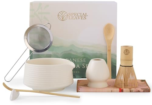 Special Leaves Matcha Set - Weiß - 8-teiliges Matcha Tee Set - Matcha Besen, Schale, Löffel, Scoop, Sieb, Halter & Zubehör - Premium Matcha Kit für Matcha-Liebhaber