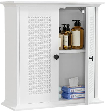 Yorbay Weißer Badezimmerschrank Wandmontage mit Rattantüren: Hängend Badezimmer Medizinschrank mit verstellbarem Regal - Wandschrank für Wohnzimmer Küchen und Waschküche