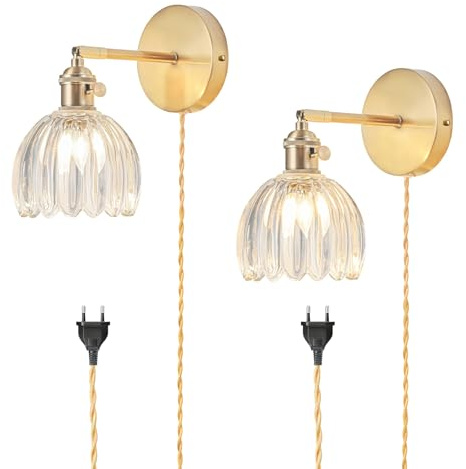 Steck Wandlampe Innen Wandlampe Set (2-Stück), Vintage mit Tulpen Transparent Glaslampe, 180° Verstellbar mit Schalter und Steckkabel, Goldenes Wandleuchten Dekorset, Leuchtmittel Nicht Enthalten