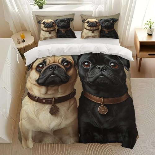 UQGXUQYB Pug Duo Portrait Bedding Comforter Sets Bedding Set 3 Pieces (1 Duvet Cover 2 Pillowcases) with Zipper Closure Lightweight
