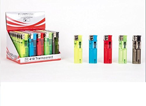 50 Accendini a Scatto Flaminaire Piezo 410 Trasparente Ricaricabile Con Espositore