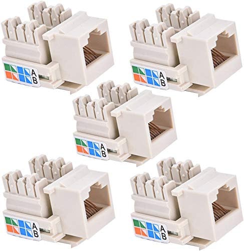 5 x RJ45 Keystone Jack Cat5e Lan Network Cable Connector Punch Down Jack In-Line Ethernet Splitter Coupler Module Adapter For Wall Socket Face Plate Plug 5 Pack
