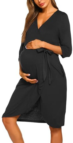 Ekouaer Umstands-Bademantel für Krankenhaus, Arbeit, Lieferung, V-Ausschnitt, Schwangerschafts-Bademantel, Damen, postpartales Nachthemd, Schwarz, X-Large