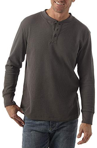 Wrangler Men's Long Sleeve Waffle Henley Shirt, Dark Charcoal, Medium