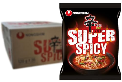 NONGSHIM - Instant Nudeln Shin Red Super Spicy - Multipack (20 X 120 GR) | Extra scharfe koreanische Ramen, schnell zubereitet, ideal für Snacks und Mahlzeiten, hergestellt in Korea