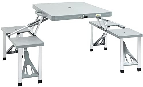 Outsunny Portable Foldable Camping Picnic Table with Seats Chairs and Umbrella Hole, 4-Seat Fold Up Travel Picnic Table, Grey