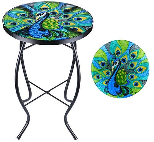 MUMTOP Table d'appoint d'extérieur ronde 35,6 cm en verre et métal Motif paon