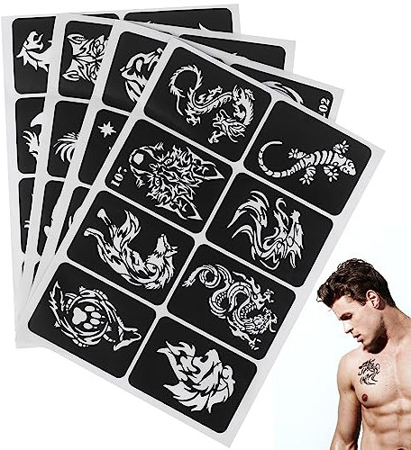 4 Sheets 32Pcs Temporäre Tätowierung Schablonen Tätowierung Aufkleber Vorlage Aushöhlen Selbstklebende Tätowierung Aufkleber Schablonen Vorlagen Glitzer Tattoo Kit Körperkunst Schablone