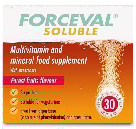 Forceval Soluble, Effervescent Multivitamin Tablets, 24 Key Vitamins and Minerals including Vitamin C, B and D, Iron and Zinc. One Effervescent Tablet a Day. For adults and children 12+. Pack of 30
