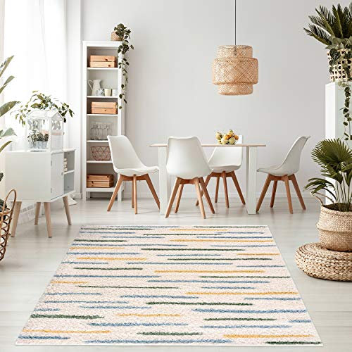 payé Teppich Kinderzimmer Wohnzimmer - Hochflor Shaggy - 120x160cm - Beige Blau Gelb Grün Streifen - Modern Ethno Look Meliert - Oeko Tex 100 Standard