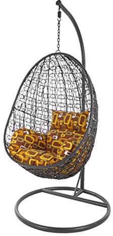 KIDEO Komplettset: Hängesessel mit Gestell & Kissen, Korbsessel, Poly-Rattan (Gestell- und Korbfarbe: dunkelgrau, Kissen: braun/Gemustert Nest (7117_Hello_Seventies))