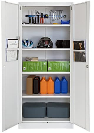 iJINGUR Metal Storage Cupboard with Locking Doors and 4 Adjustable Shelves, Lockable Steel Storage Cabinet for Home Office Garage Kitchen Pantry (White)