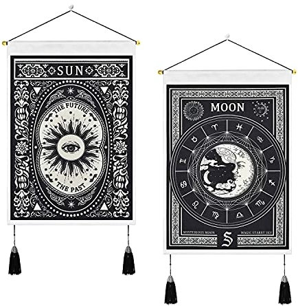 Lahviuu Wandteppich,2pcs Tarot Wandteppich Trippy Wandbehang Tapisserie mit Quasten Mond und Sonne Wandteppiche, Schwarz weiße Tapisserie Wandbehang für Schlafzimmer Wohnzimmer, 35x50 cm
