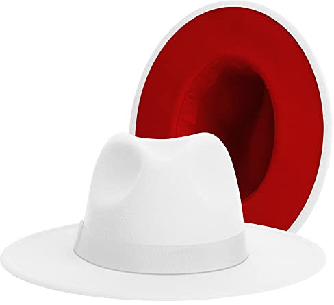 Fedora-Hüte mit breiter Krempe für Damen und Herren, klassisches Kleid, Panamahut, verstellbarer Filzhut mit Band, Weiß-Rot|Weißes Band, Medium