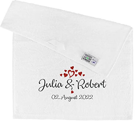 Herz & Heim® Handtuch zur Hochzeit in weiß mit Herzen, Namen und Datum Bestickt - 500 g/m² in verschiedenen Größen 30 cm x 50 cm
