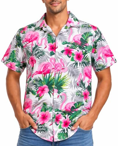 King Kameha Hawaii Hemd Männer - Tropisches Hawaiihemd Herren Kurzarm mit Flamingo-Print & Fronttasche, Ideal für Urlaub, Festival & Strand