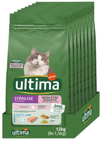 Ultima Croquettes pour Chat Stérilisé Sensible avec de la Truite - Pack 8 x 1,5kg