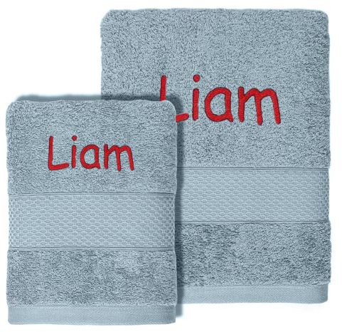 Juego de Toallas Personalizadas Bordadas – Toallas de baño con Nombre o Iniciales Bordado - Suaves y Absorbentes, 100% algodón (1 Toalla de Lavabo + 1 Toalla de Ducha, Azul empolvado)