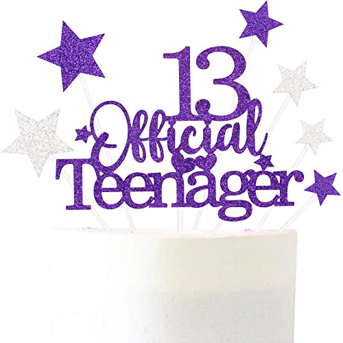 Pargleev 13th Glittery Personalised Birthday Gifts:Official Teenager 13 Cake Topper with Stars- Thirteen Years Old Birthday Party Supplies for Boys and Girls,Decorations,Keepsakes and Purple Silver