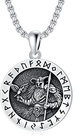 Wikinger Odin Kette 925 Sterling Silber Odin Anhänger Kette mit Raben Rund Amulett Kette Nordische Wikinger Schmuck für Herren Männer Frauen