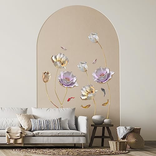 Tanlaby 3D Blume Wandtattoo Lotusblumen Wandsticker Bunte Blüten und Karpfen Wandaufkleber für Wohnzimmer Schlafzimmer Büros Sofa Hintergrund Hause Wanddekoration