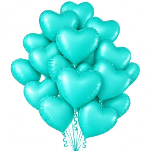 4 Stück Herz Folienballon TÜRKISES HERZ (43 cm) – samtmatt in Rosa oder Türkis – Helium & Luft geeignet – Herzballon für Geburtstag, Baby Shower, Verlobung, Hochzeit & Party Dekoration (4)